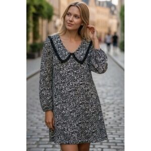 Primark Floral Dress M Navy Ruffle Collar Long Sleeve Mini Cottagecore Ditzy EUC